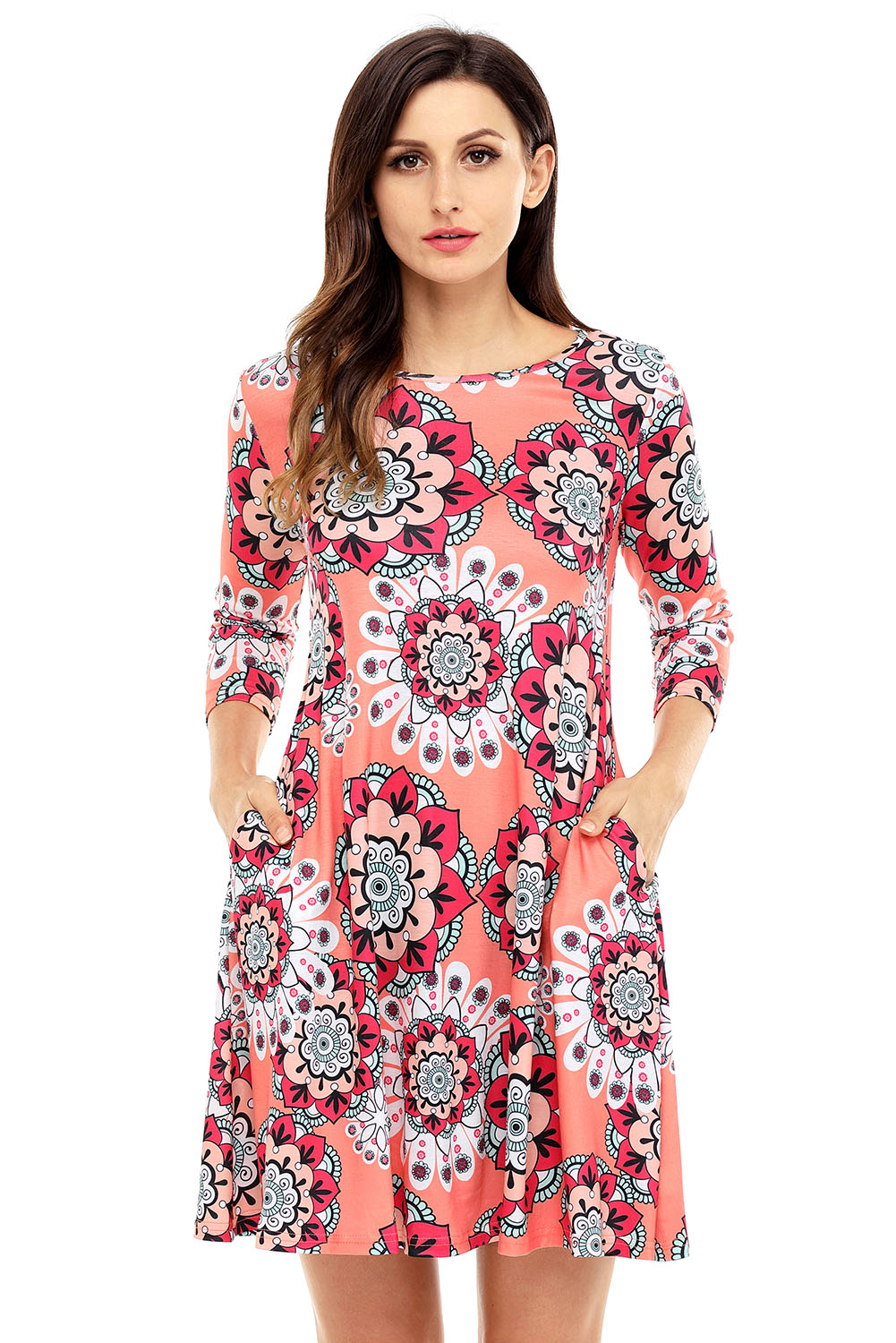 BY220051-14 Bohemian Sunflower Print Coral Dress